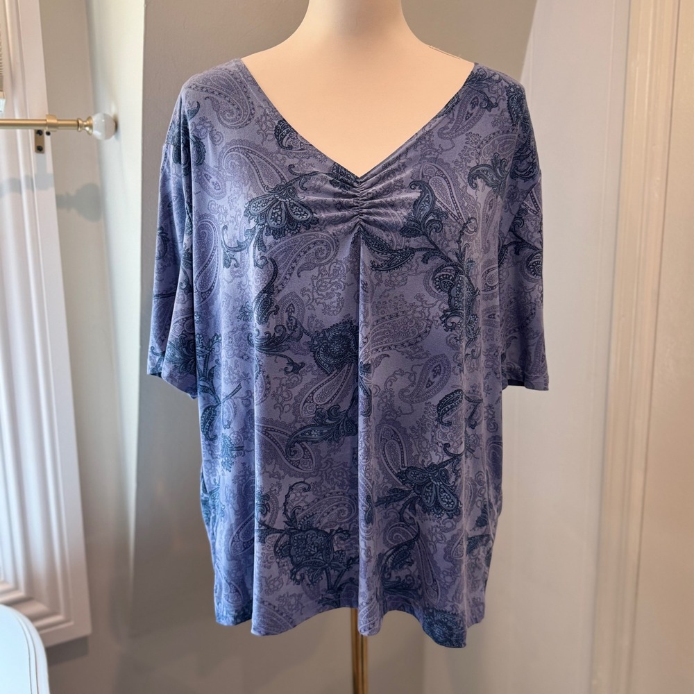 Claudia Richard Blue Paisley Top Ruched V-Neck Comfy | 3X